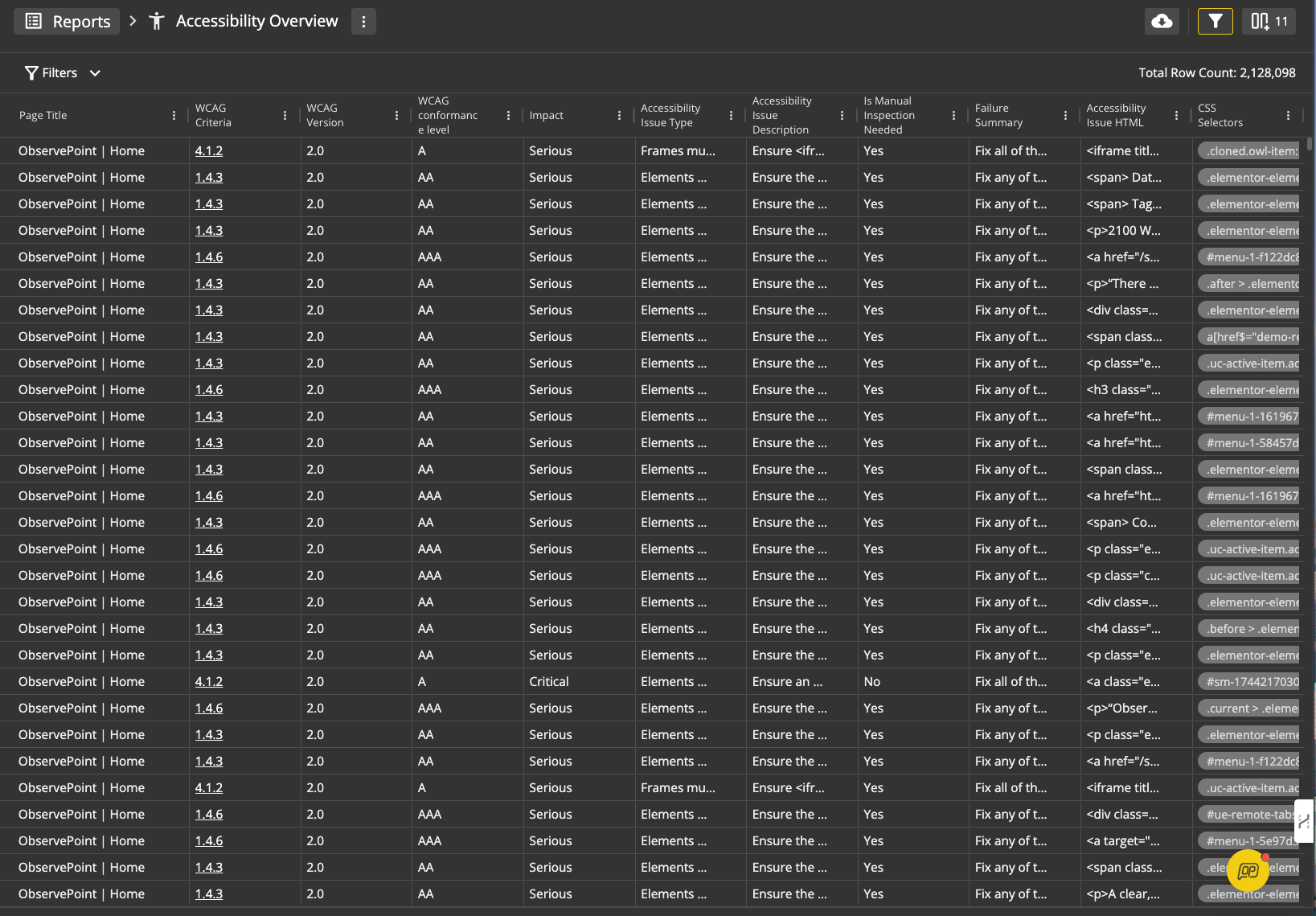 Image of Accessibility Report Details from ObservePoint